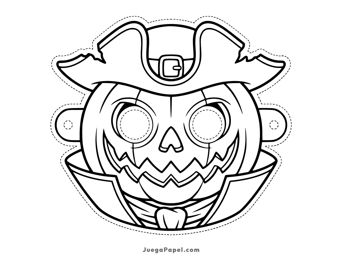 Careta recortable para imprimir, pintar y recortar de Calabaza Pirata de Halloween Con Sombrero