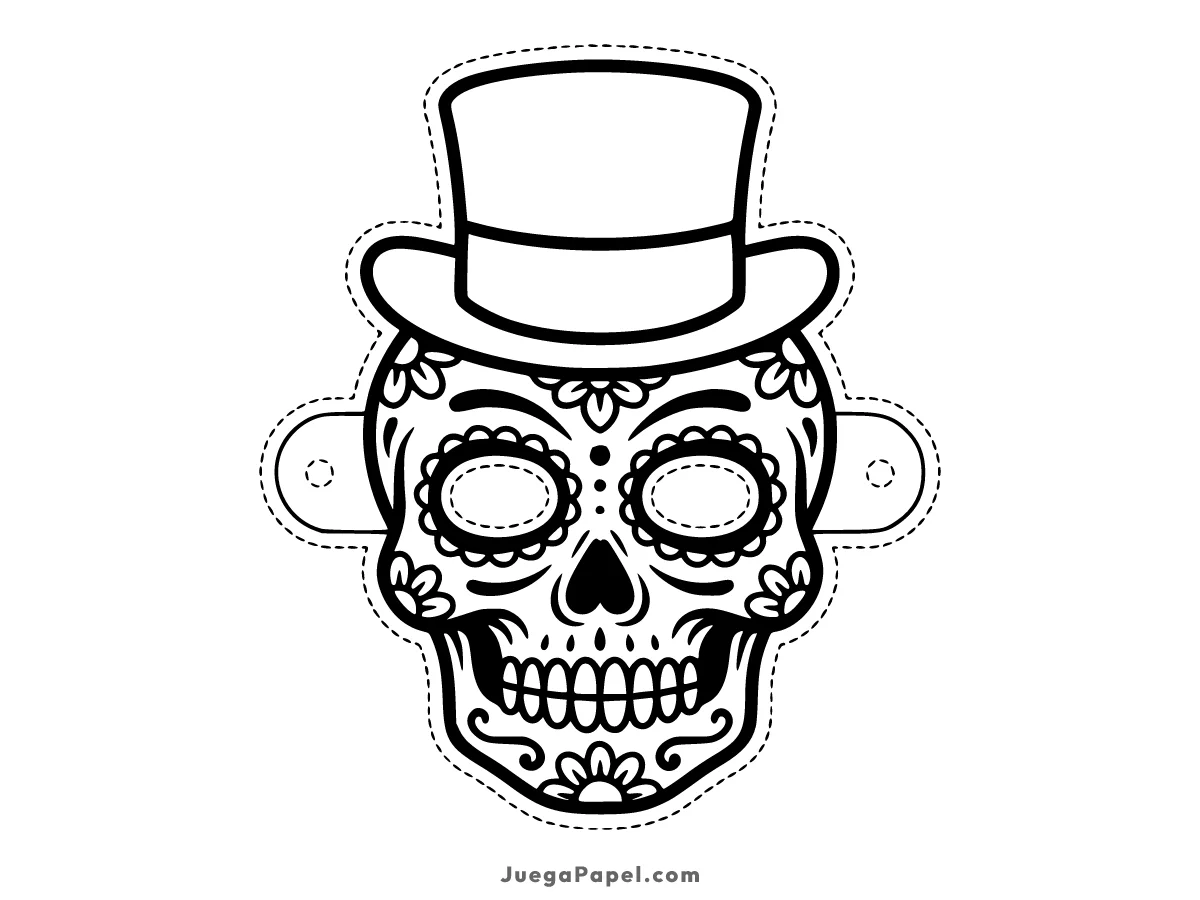 Careta recortable para imprimir, pintar y recortar de Calavera Elegante Con Sombrero