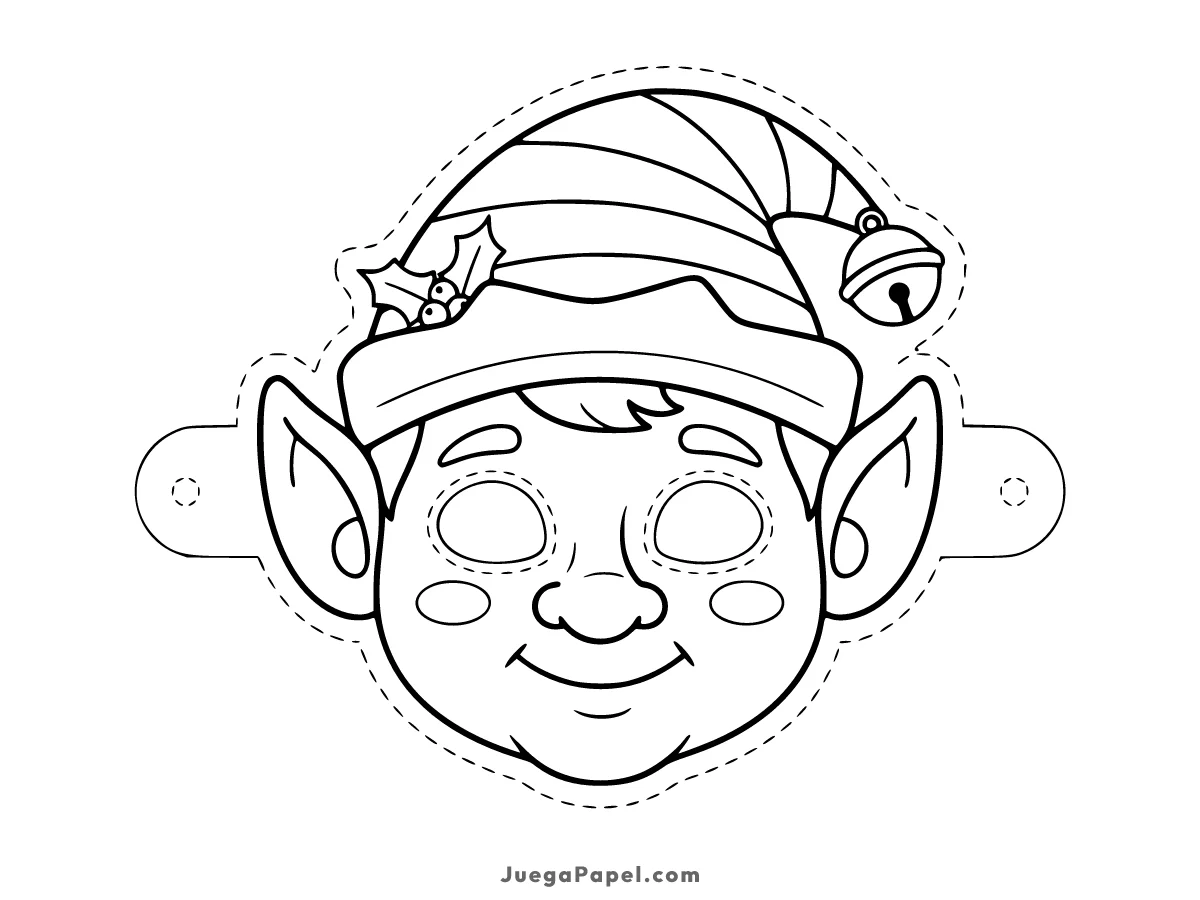 Careta recortable para imprimir, pintar y recortar de Duende Navideño Con Gorro y Cascabel