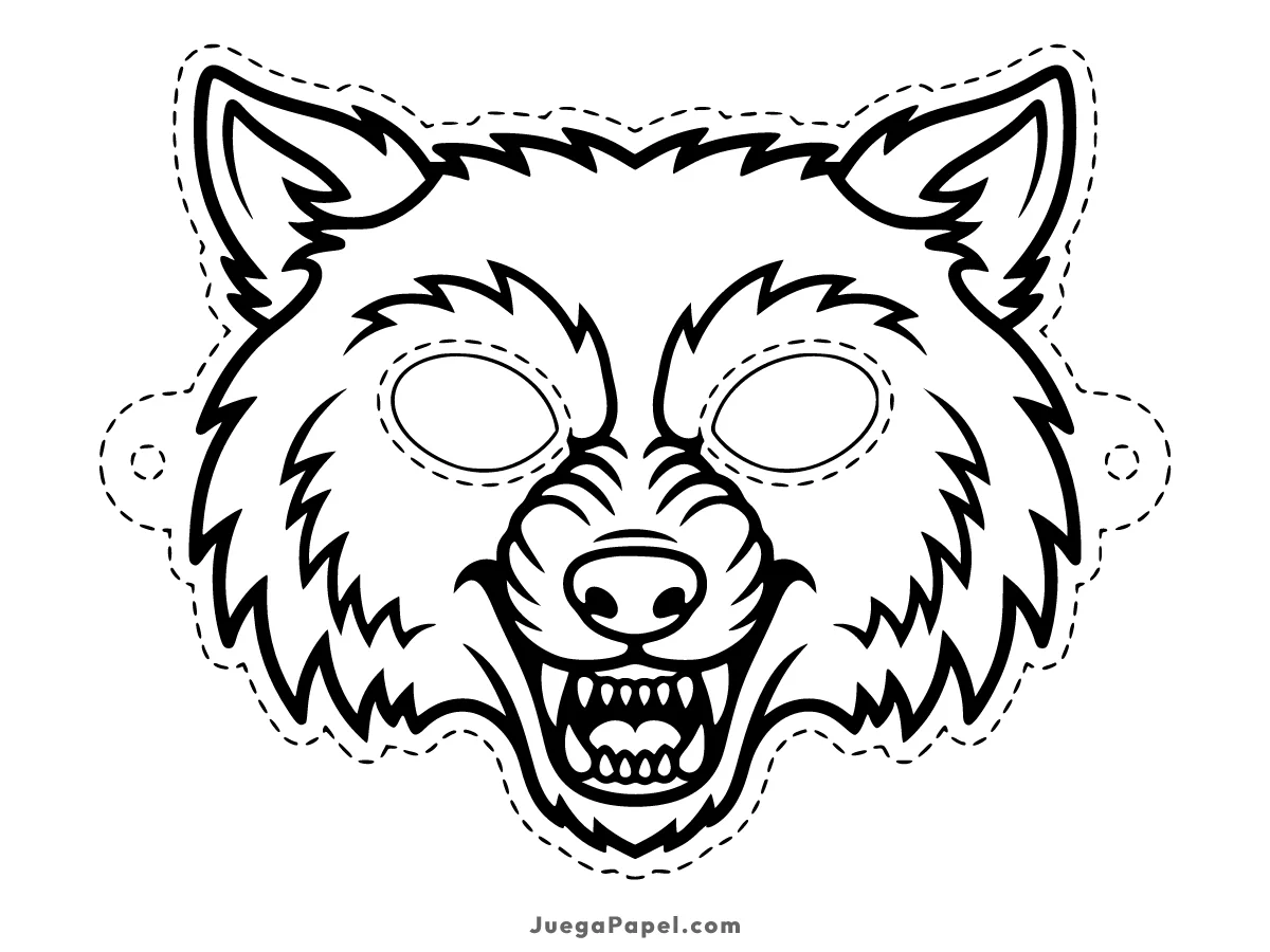 Careta recortable para imprimir, pintar y recortar de Lobo Feroz Con Fauces Abiertas
