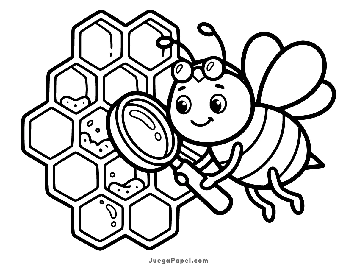 Dibujo para colorear e imprimir de Abeja Curiosa con Lupa y Panal de Miel
