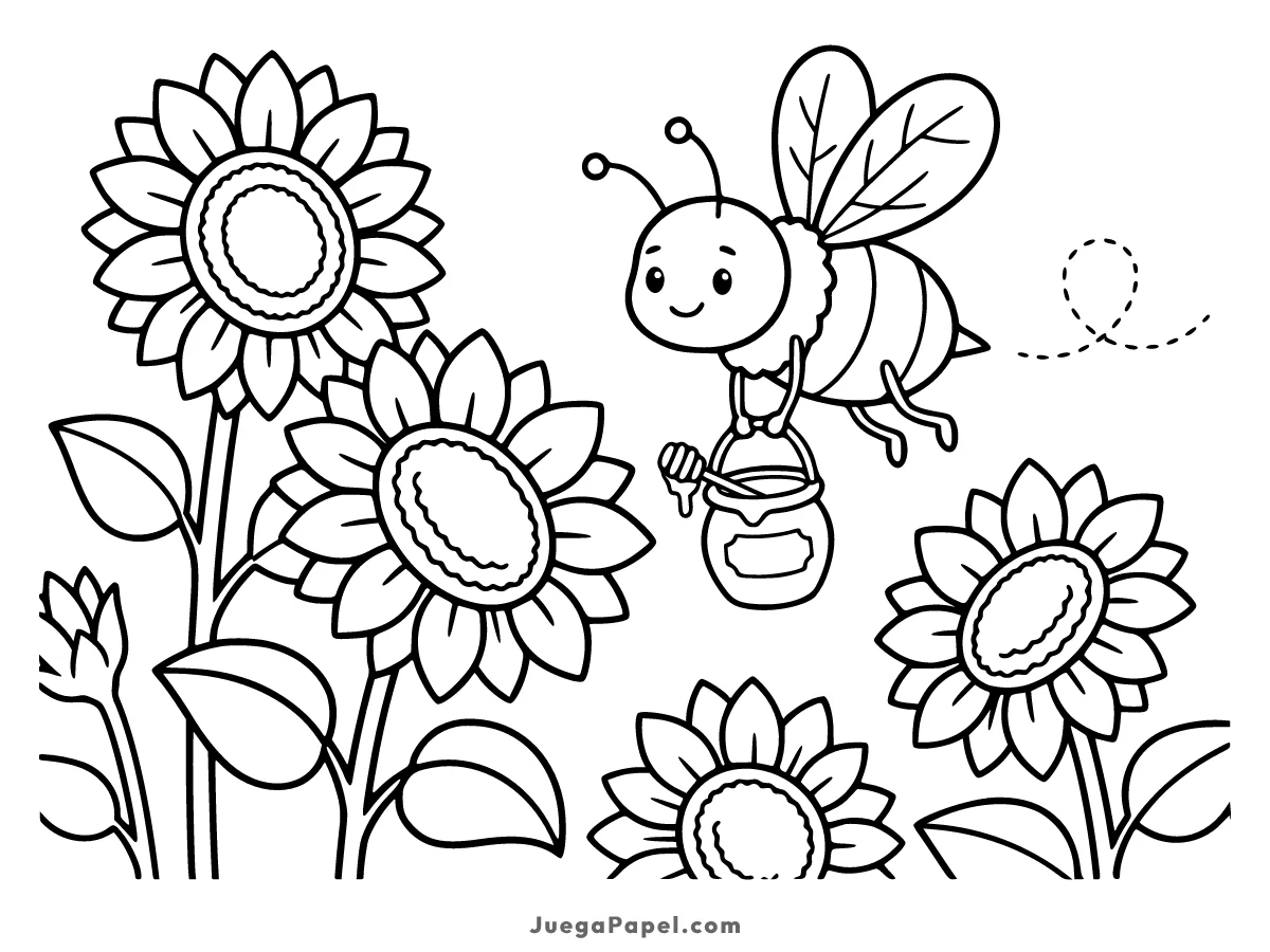 Dibujo para colorear e imprimir de Abeja Feliz con Tarro de Miel entre Girasoles