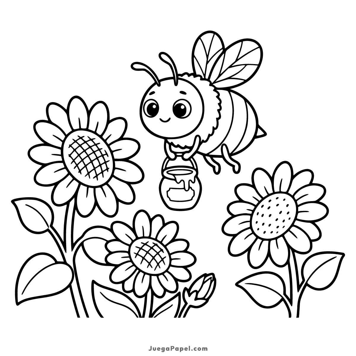 Dibujo para colorear e imprimir de Abeja Feliz con Tarro de Miel y Girasoles