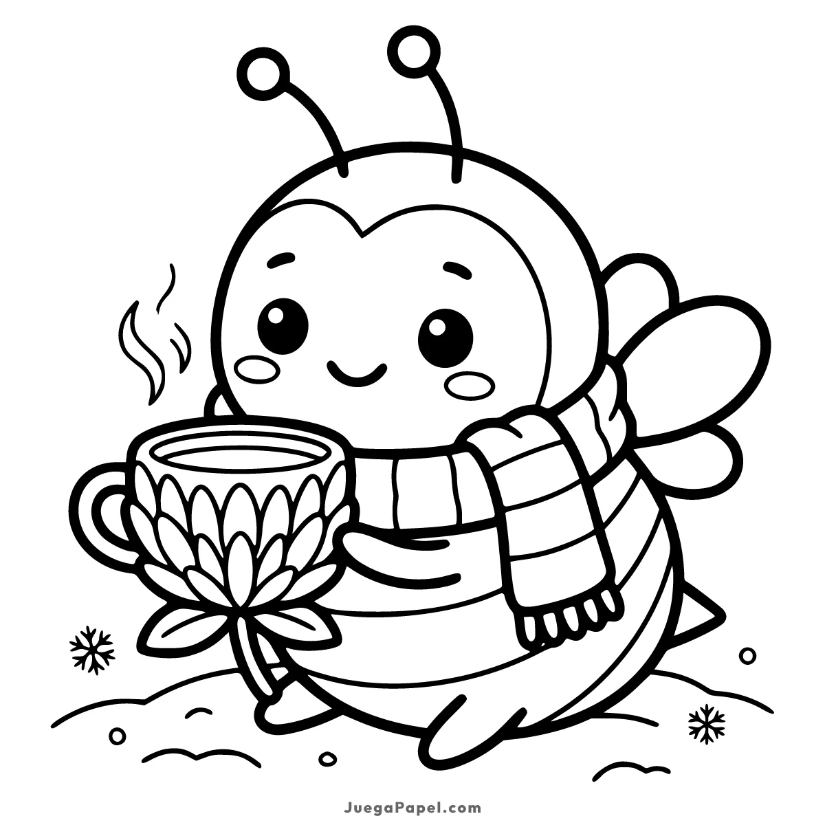 Dibujo para colorear e imprimir de Abeja Tierna con Taza de Bebida Caliente