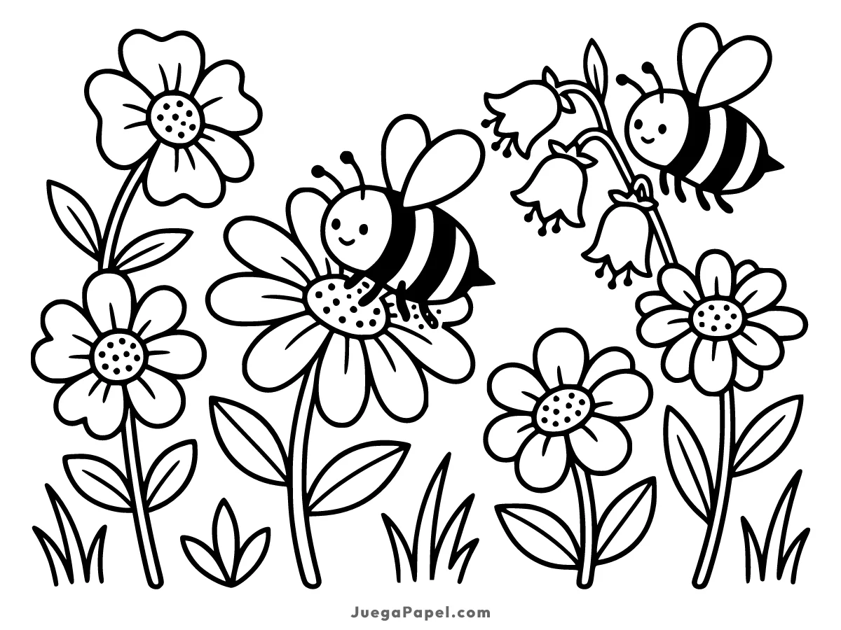 Dibujo para colorear e imprimir de Abejas Felices en el Jardín
