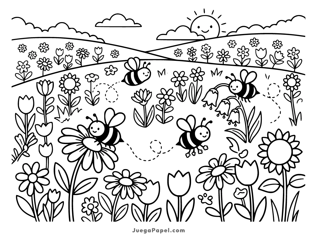 Dibujo para colorear e imprimir de Abejas Felices en el Jardín de Flores