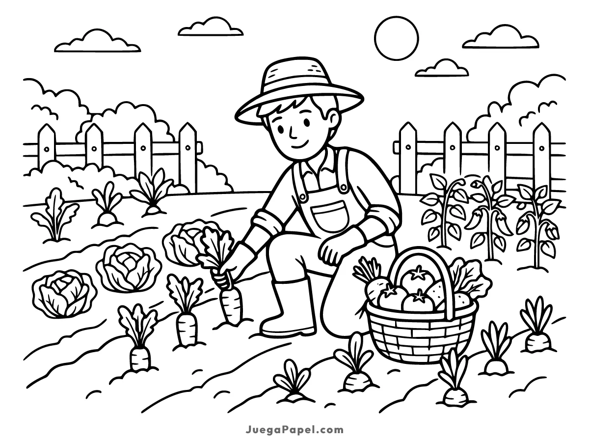 Dibujo para colorear e imprimir de Agricultor Cosechando Huerto