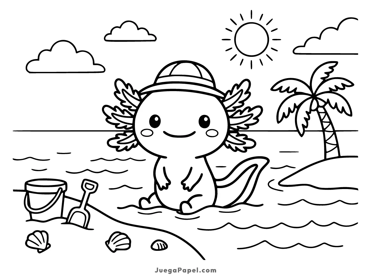 Dibujo para colorear e imprimir de Ajolote Explorador en la Playa con Palmera