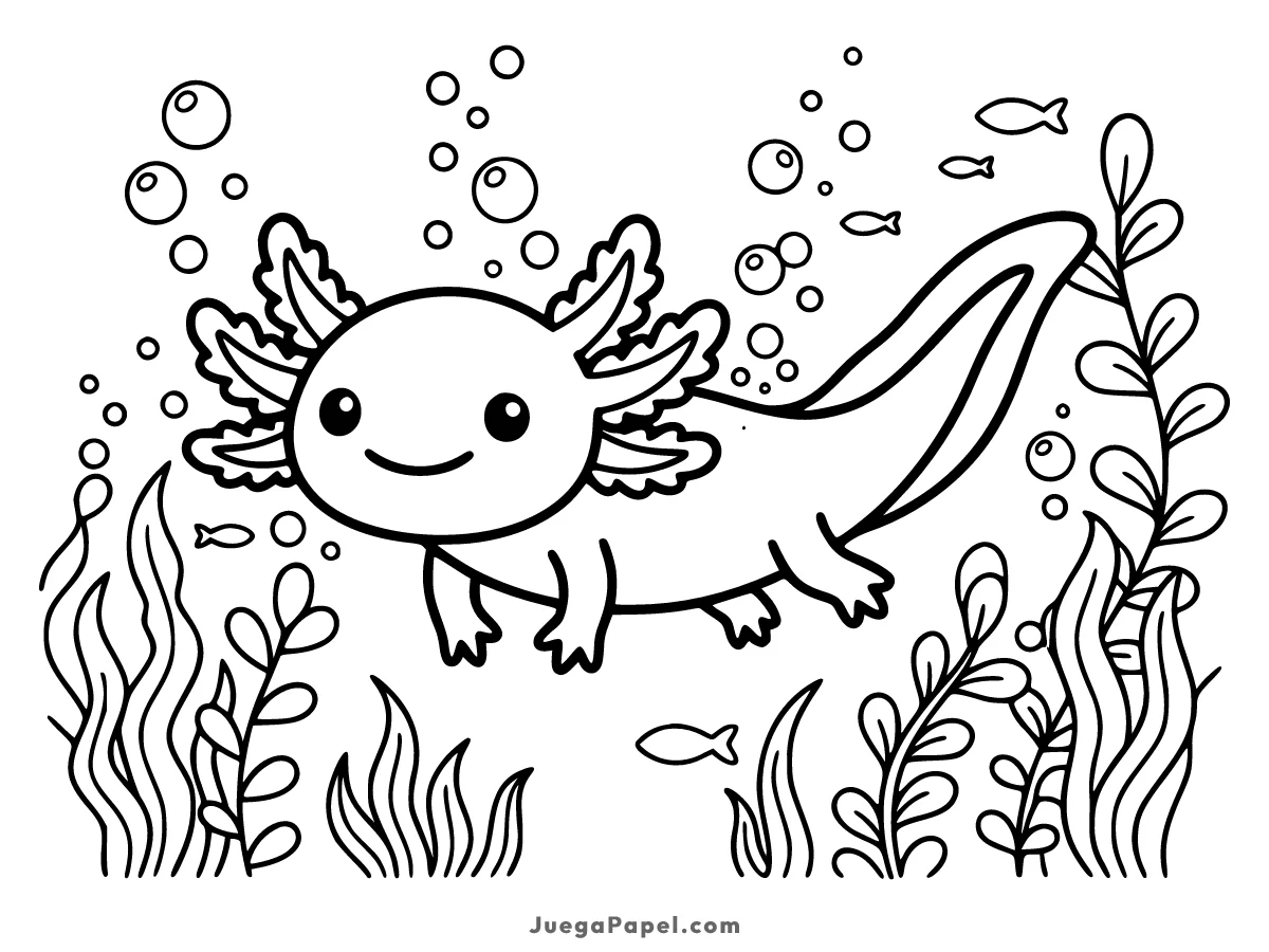 Dibujo para colorear e imprimir de Ajolote Feliz Nadando Bajo el Agua