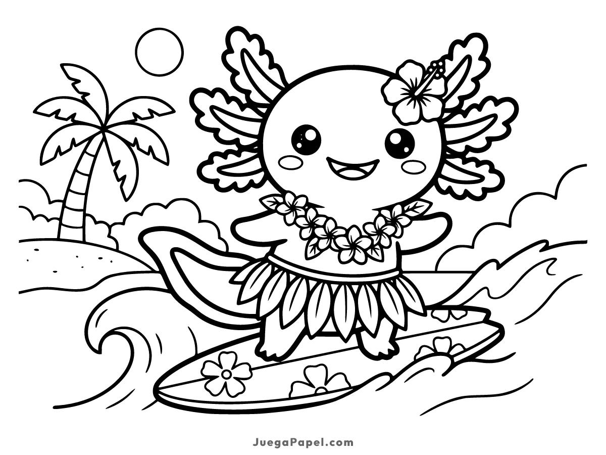 Dibujo para colorear e imprimir de Ajolote Kawaii Surfista en la Playa