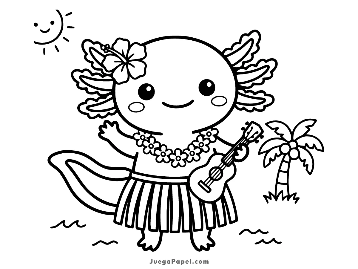 Dibujo para colorear e imprimir de Ajolote Tierno Bailando Hula en la Playa