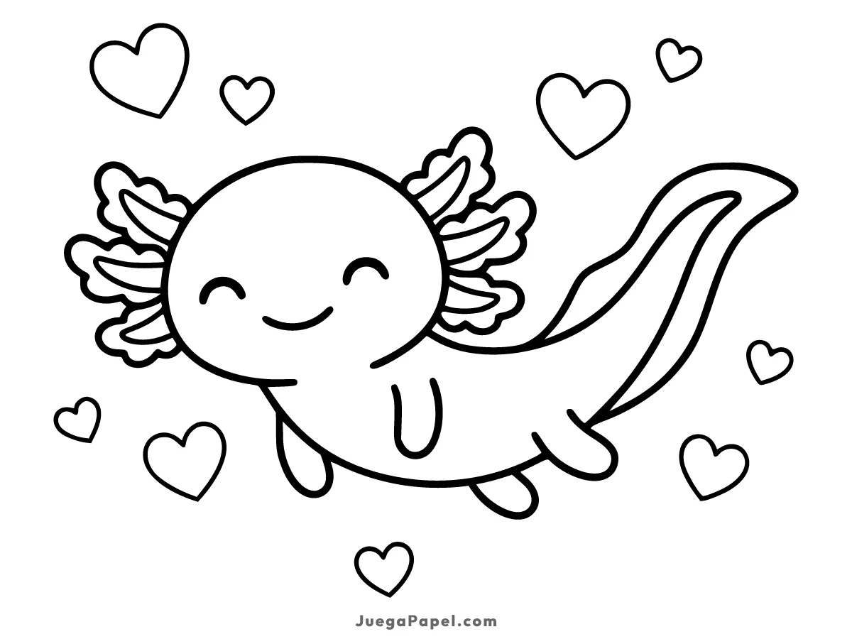 Dibujo para colorear e imprimir de Ajolote tierno con corazones