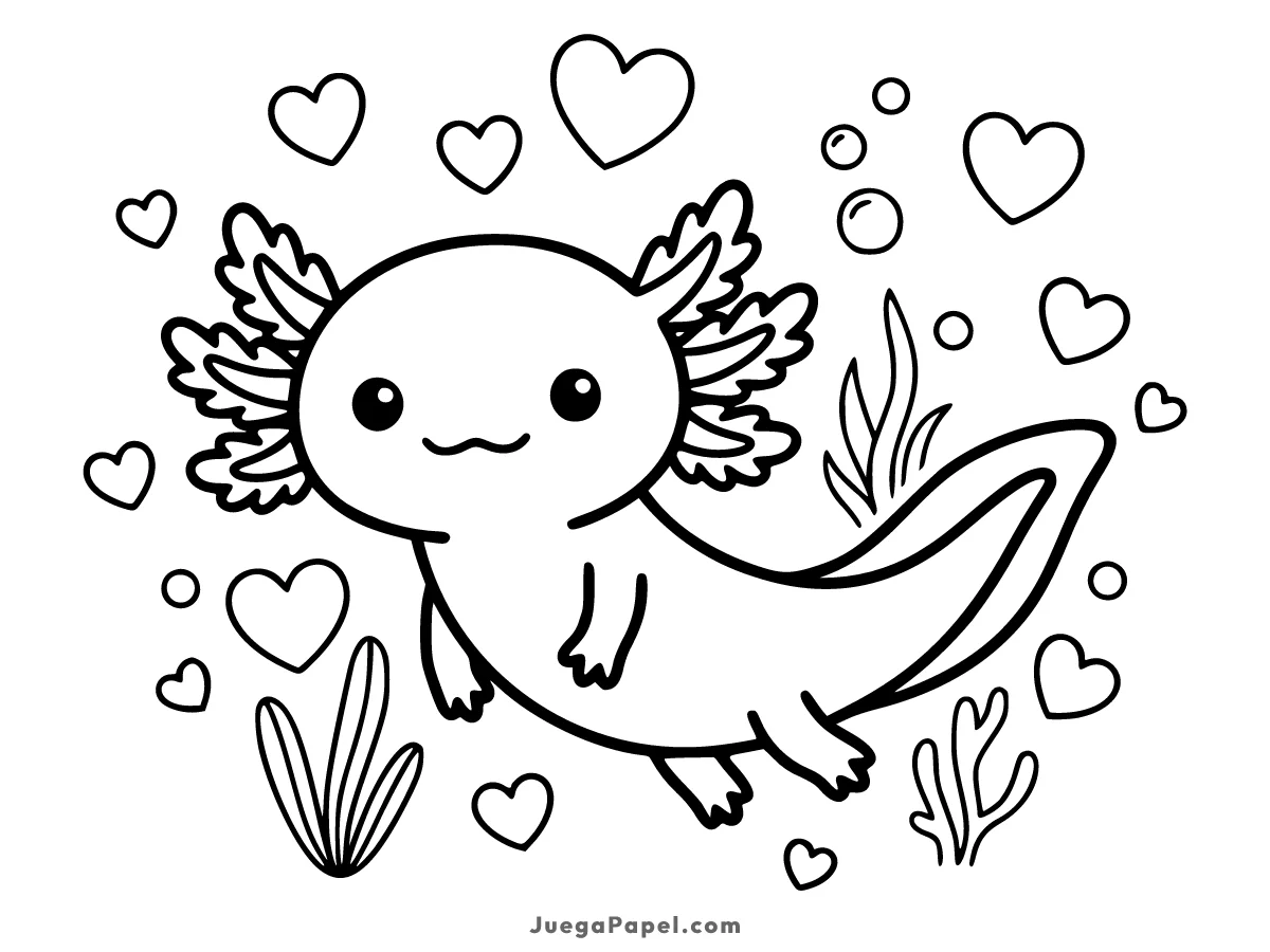 Dibujo para colorear e imprimir de Ajolote tierno con corazones flotantes