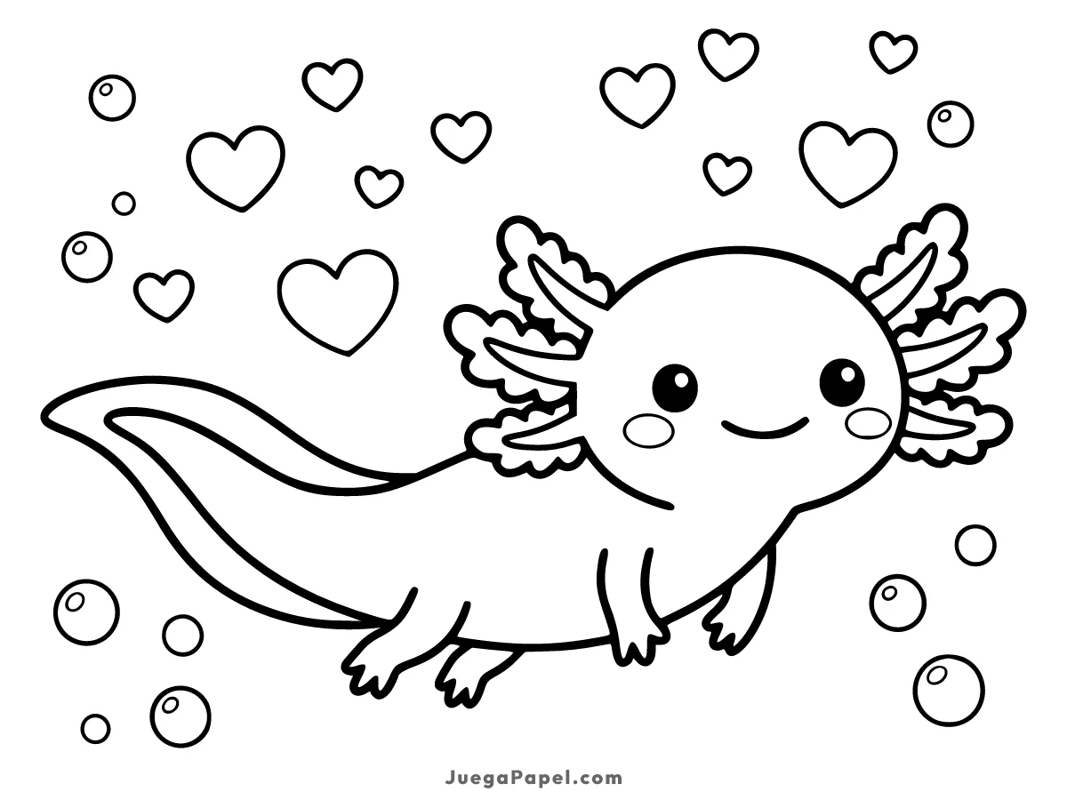 Dibujo para colorear e imprimir de Ajolote tierno con corazones y burbujas