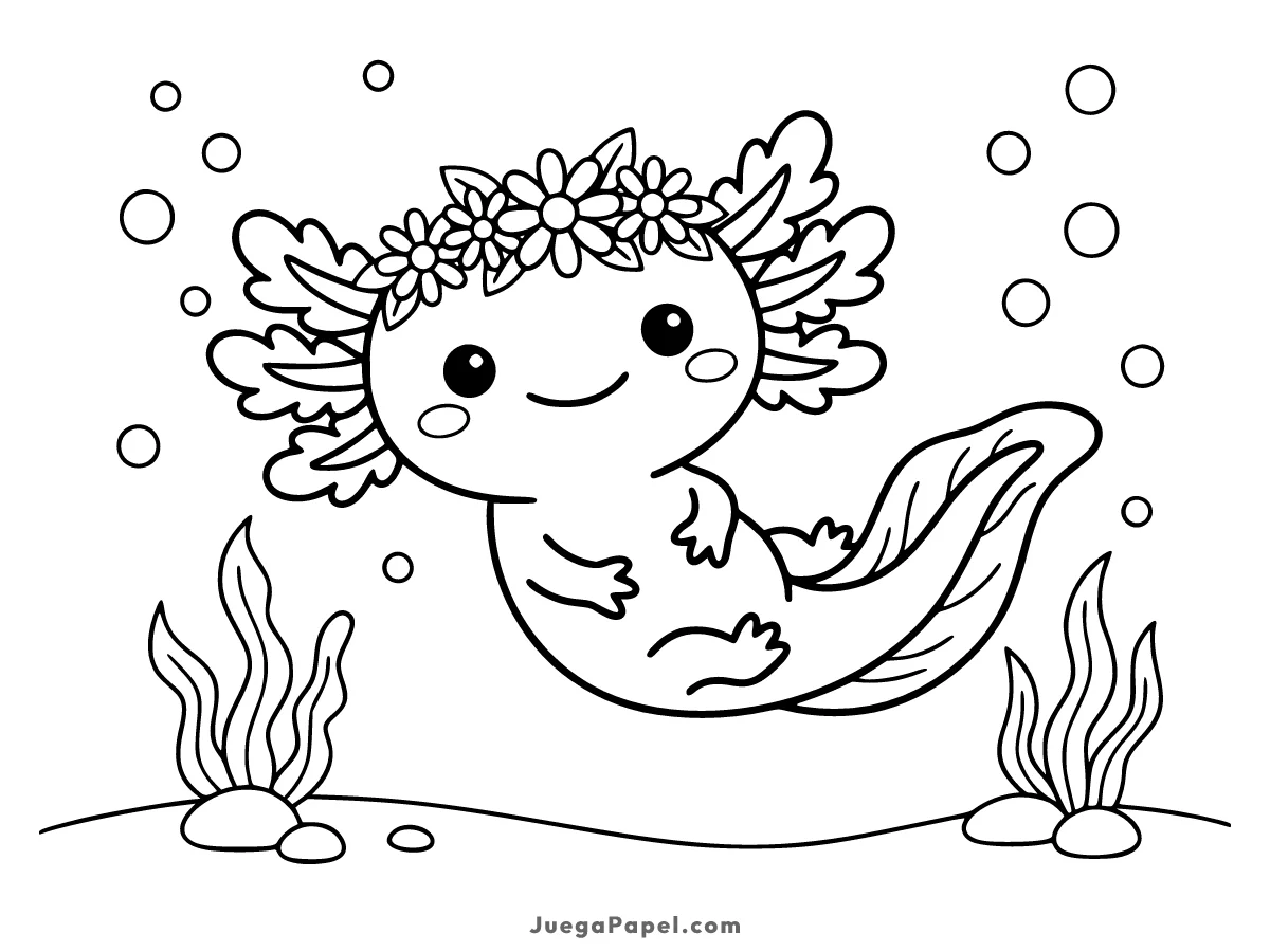 Dibujo para colorear e imprimir de Ajolote tierno con corona de flores