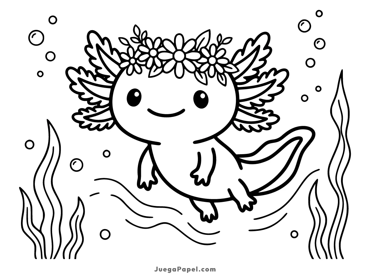 Dibujo para colorear e imprimir de Ajolote tierno con corona de flores para colorear