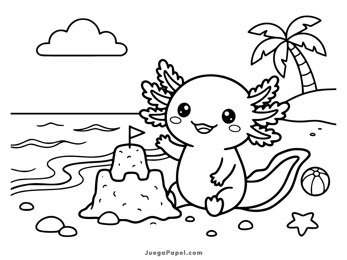 Dibujo para colorear e imprimir de Ajolote Tierno Construyendo un Castillo de Arena en la Playa
