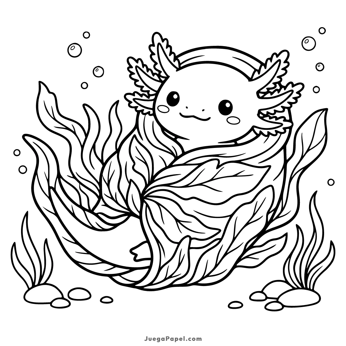 Dibujo para colorear e imprimir de Ajolote tierno entre algas marinas