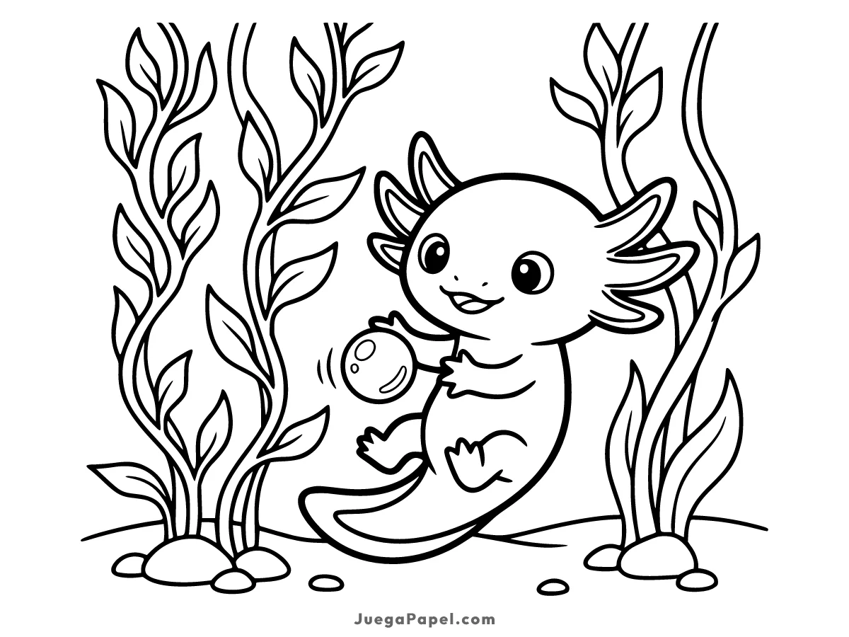 Dibujo para colorear e imprimir de Ajolote tierno jugando con una burbuja