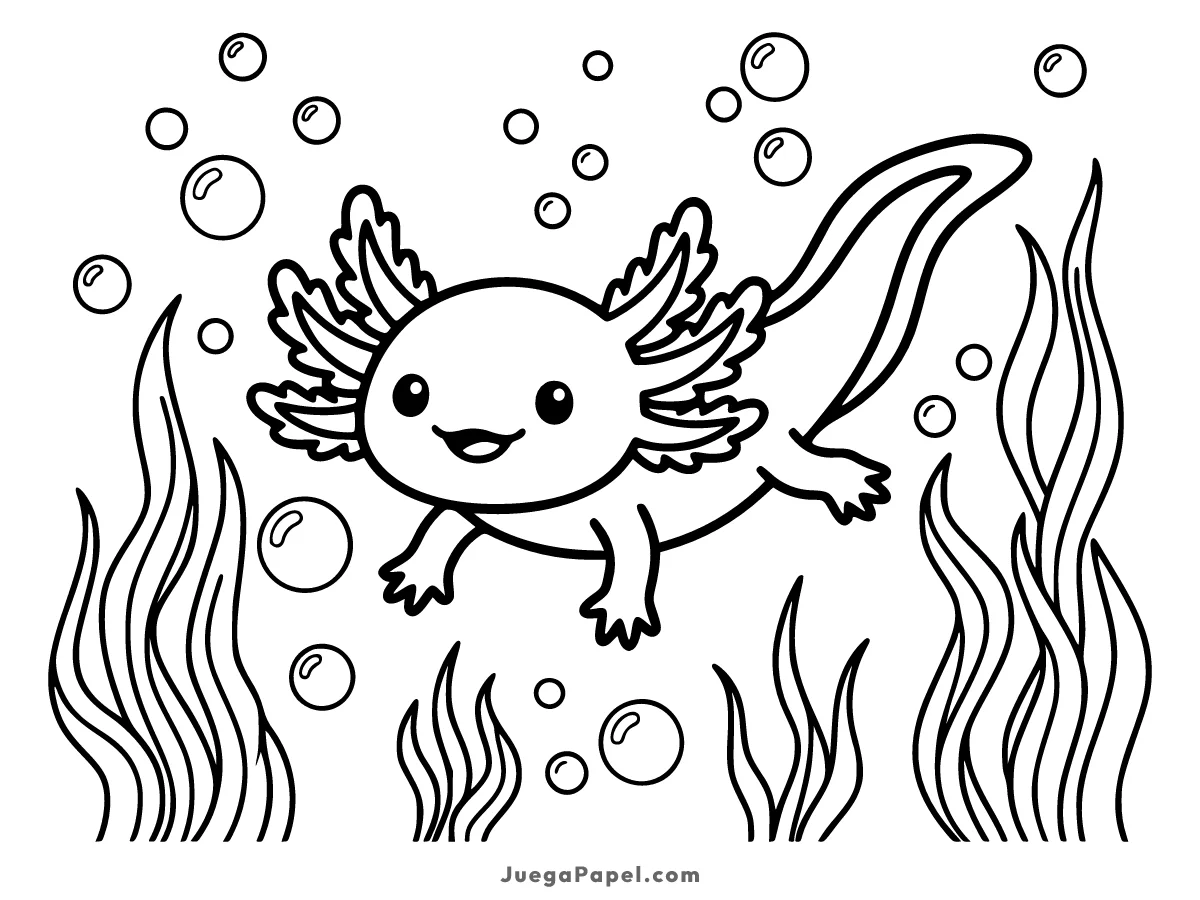 Dibujo para colorear e imprimir de Ajolote tierno nadando bajo el agua