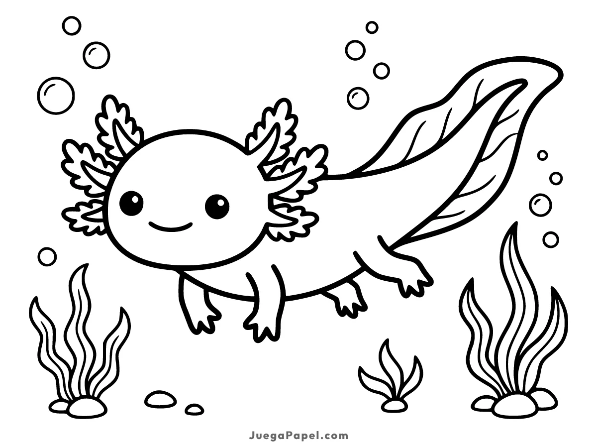 Dibujo para colorear e imprimir de Ajolote tierno nadando bajo el agua