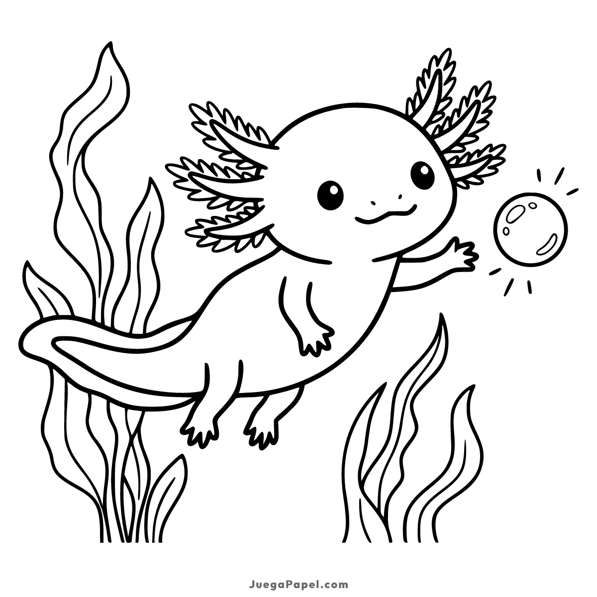 Dibujo para colorear e imprimir de Ajolote tierno nadando con una burbuja