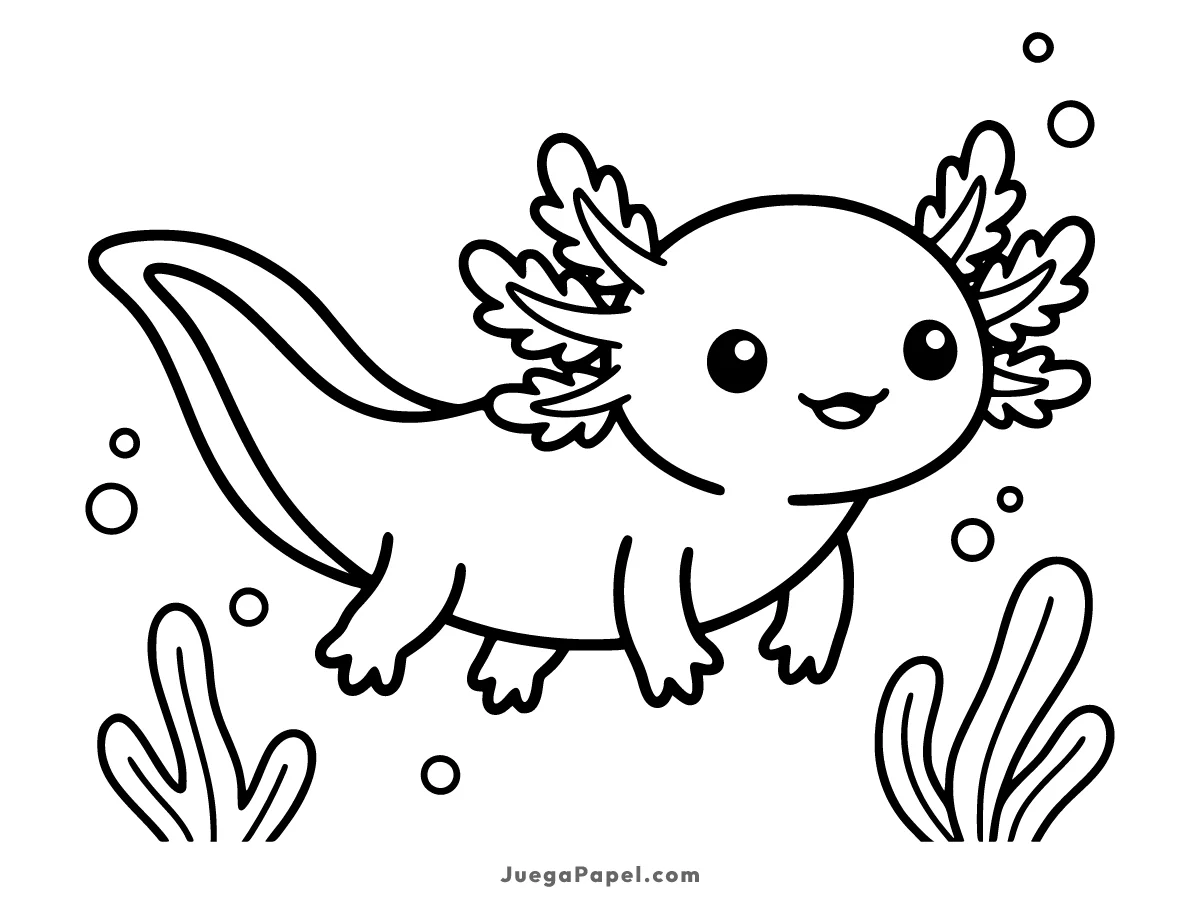 Dibujo para colorear e imprimir de Ajolote Tierno Nadando en el Agua