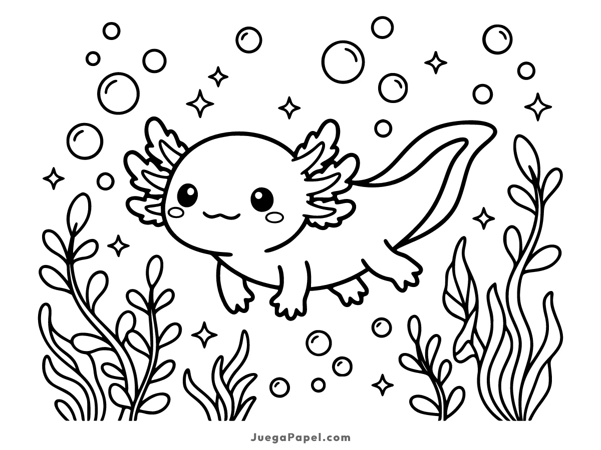 Dibujo para colorear e imprimir de Ajolote tierno nadando entre burbujas y plantas acuáticas