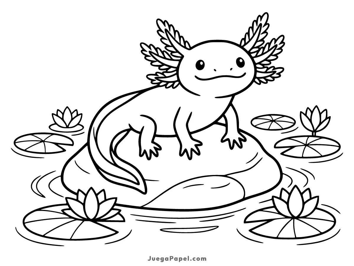 Dibujo para colorear e imprimir de Ajolote tierno sobre una roca en el estanque