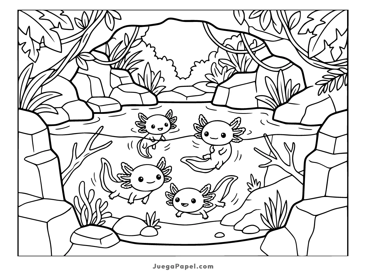 Dibujo para colorear e imprimir de Ajolotes Felices en el Estanque