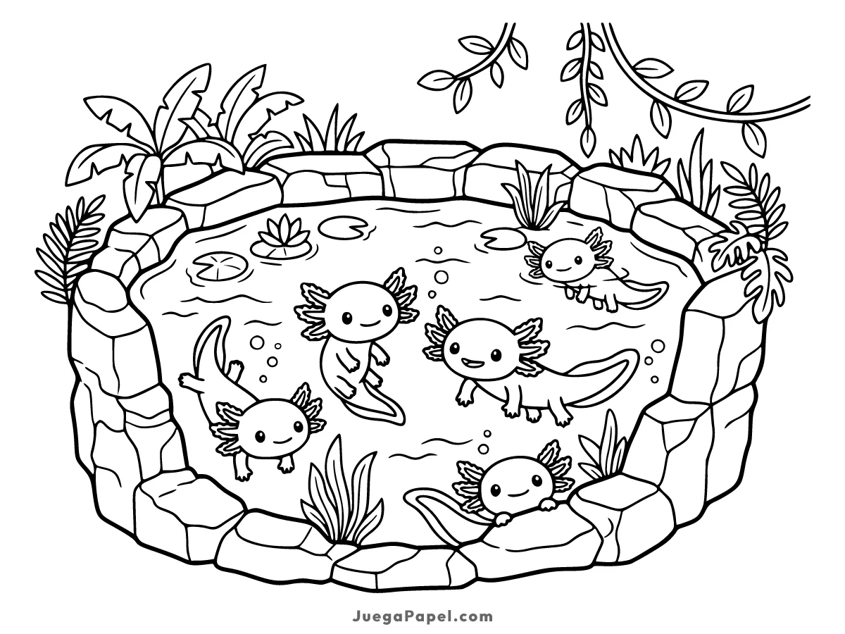 Dibujo para colorear e imprimir de Ajolotes Felices en su Estanque Natural