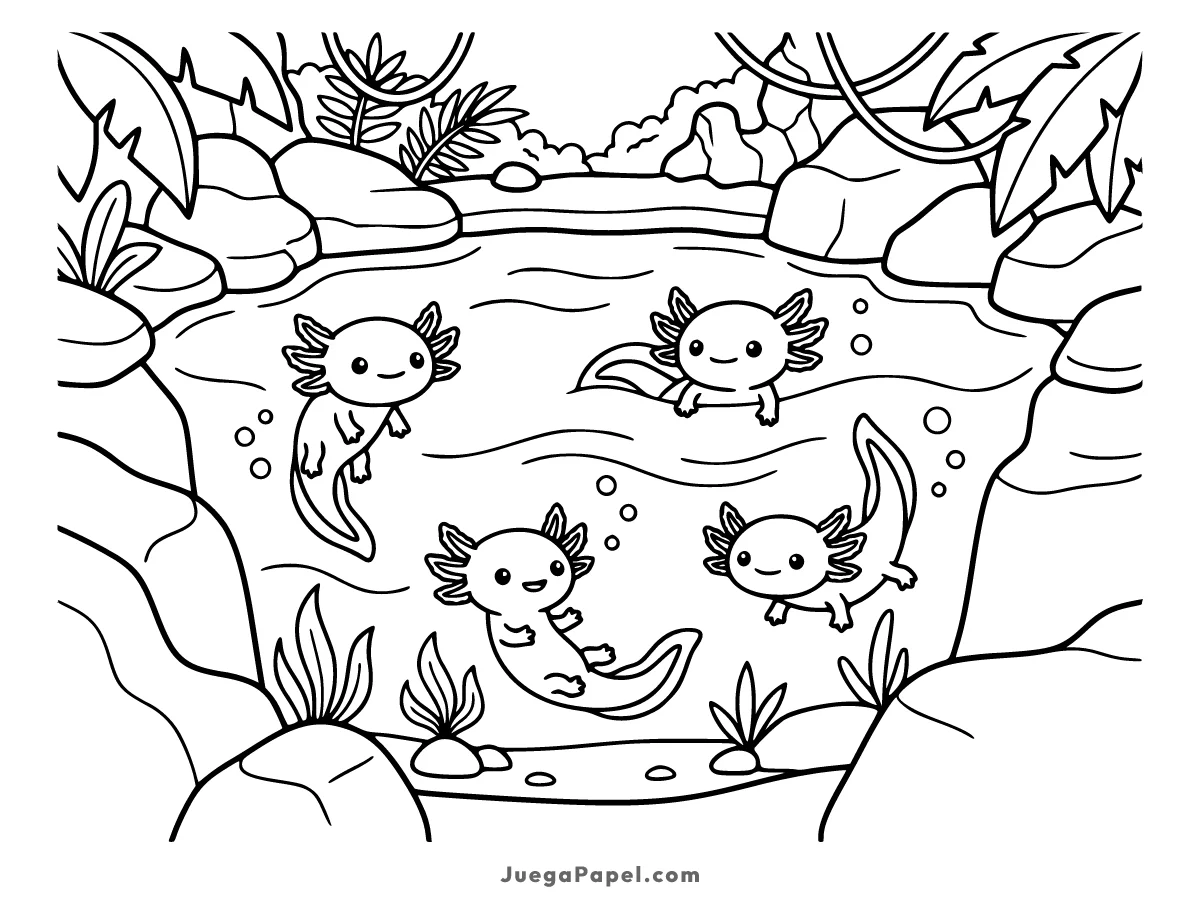 Dibujo para colorear e imprimir de Ajolotes Tiernos Nadando en su Estanque Natural