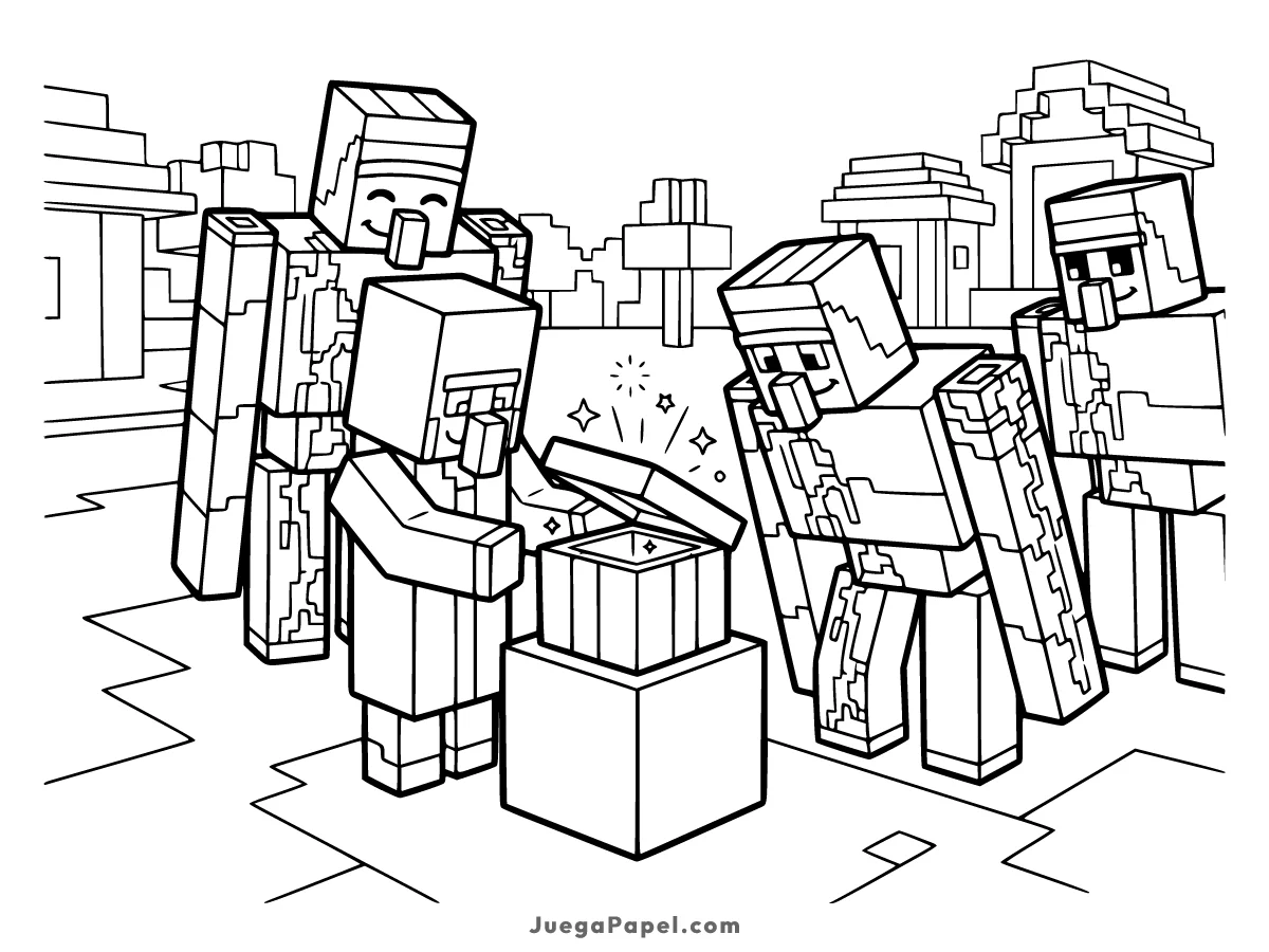 Dibujo para colorear e imprimir de Aldeano Abriendo Cofre con Golems