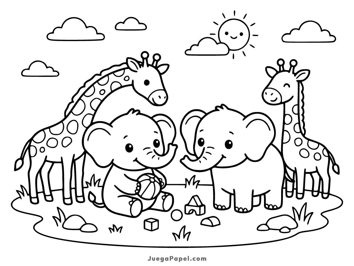 Dibujo para colorear e imprimir de Alegre grupo de elefantes y jirafas jugando
