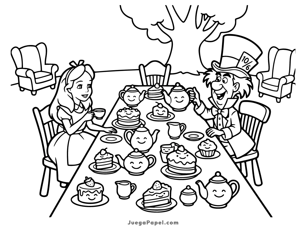 Dibujo para colorear e imprimir de Alicia Tomando el Té