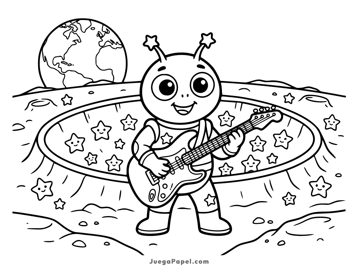 Dibujo para colorear e imprimir de Alien Tocando la Guitarra en La Luna