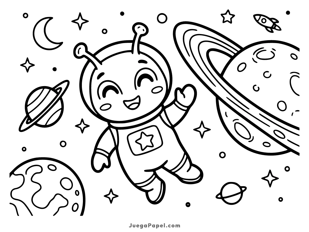 Dibujo para colorear e imprimir de Alienígena Amigable Flotando en el Espacio