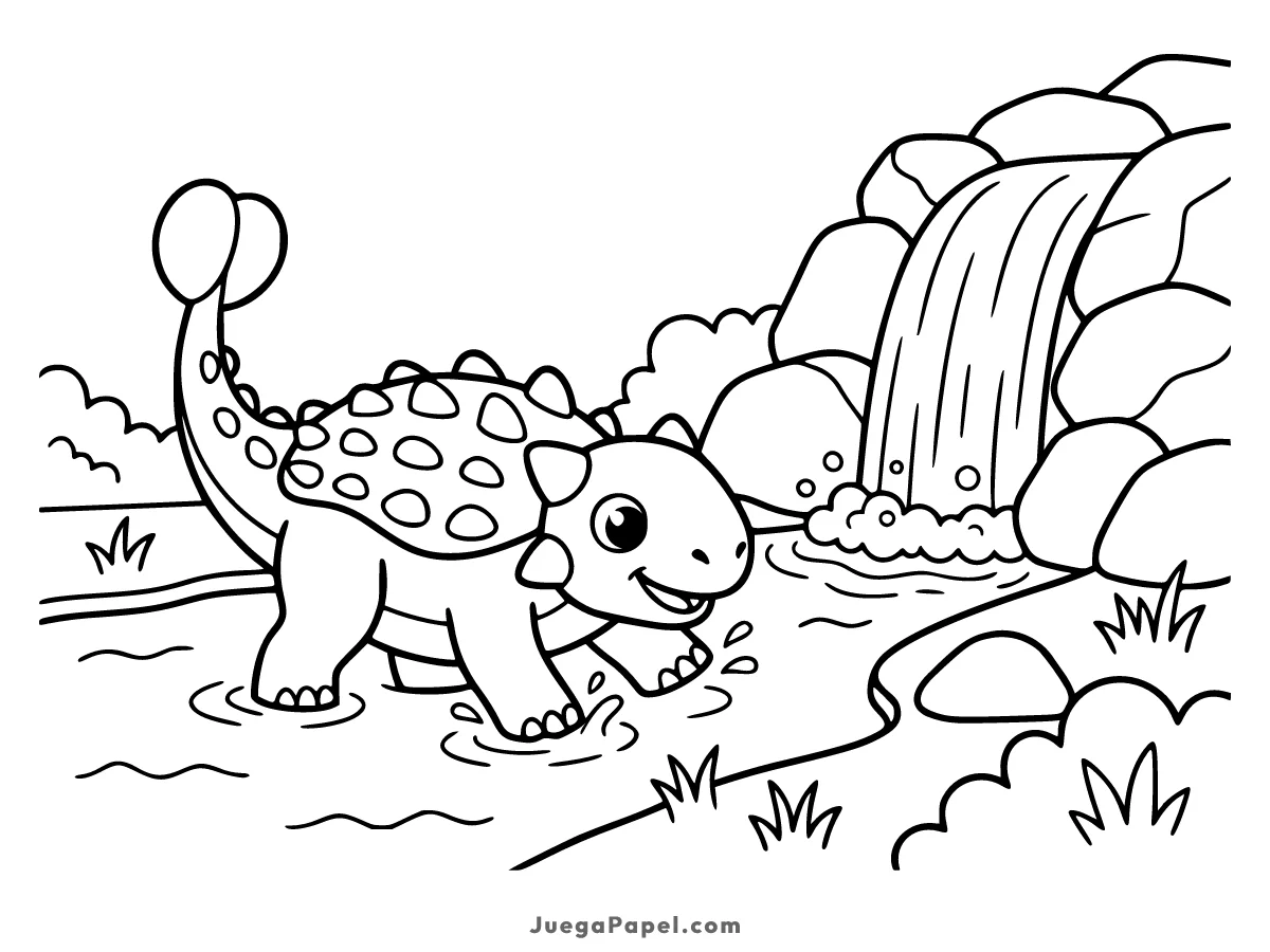 Dibujo para colorear e imprimir de Anquilosaurio Bebé Junto a una Cascada