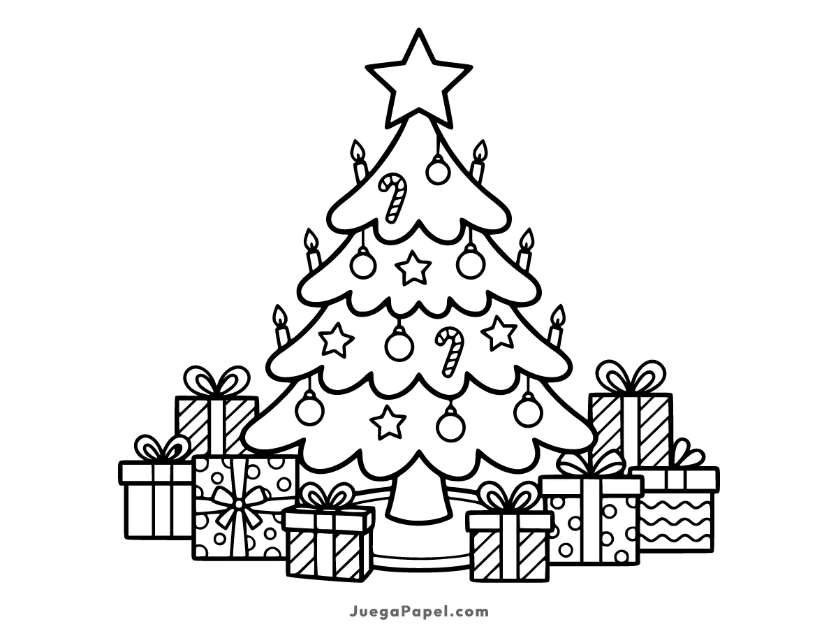 Dibujo para colorear e imprimir de Árbol de Navidad Con Regalos Envueltos