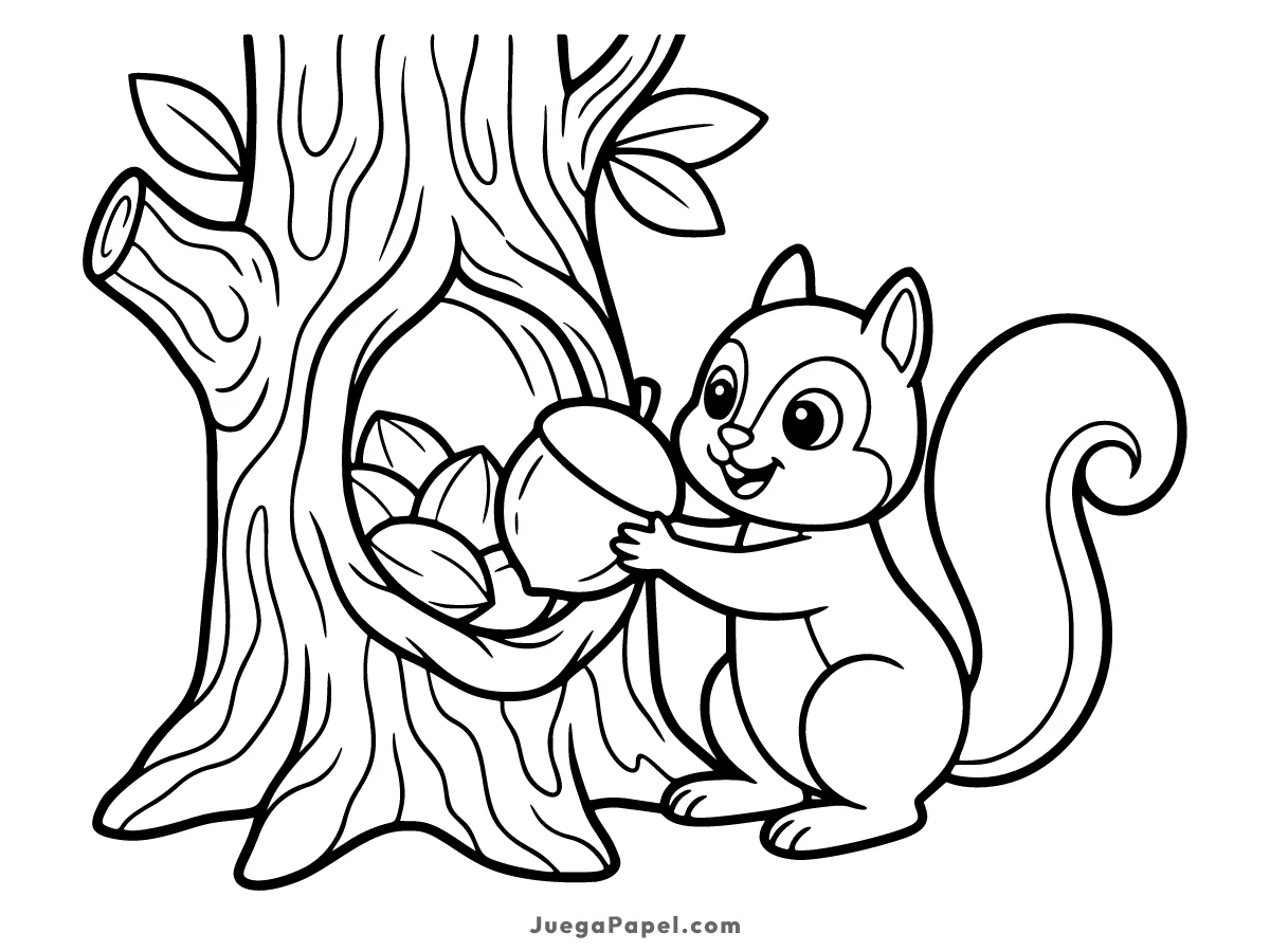 Dibujo para colorear e imprimir de Ardilla Guardando Comida para el Invierno