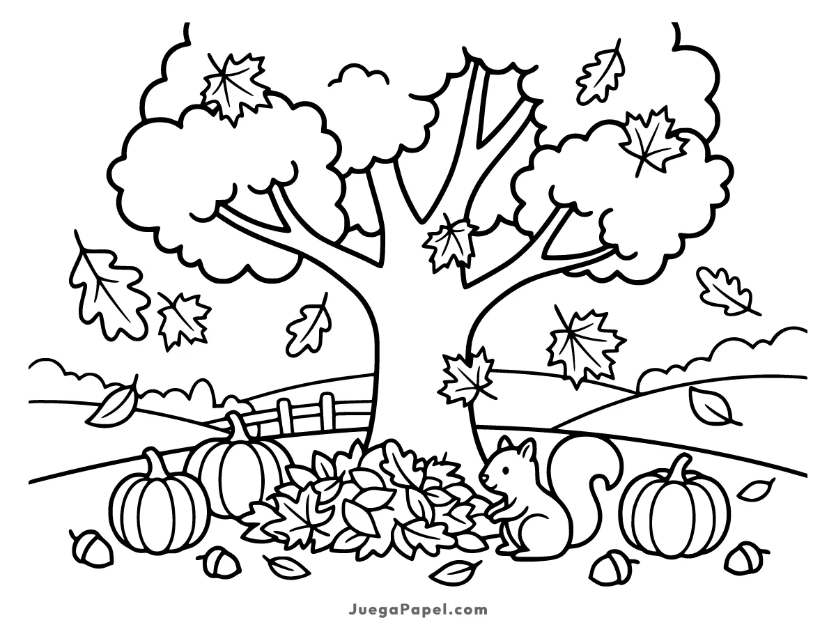 Dibujo para colorear e imprimir de Ardilla y Calabazas en un Paisaje de Otoño