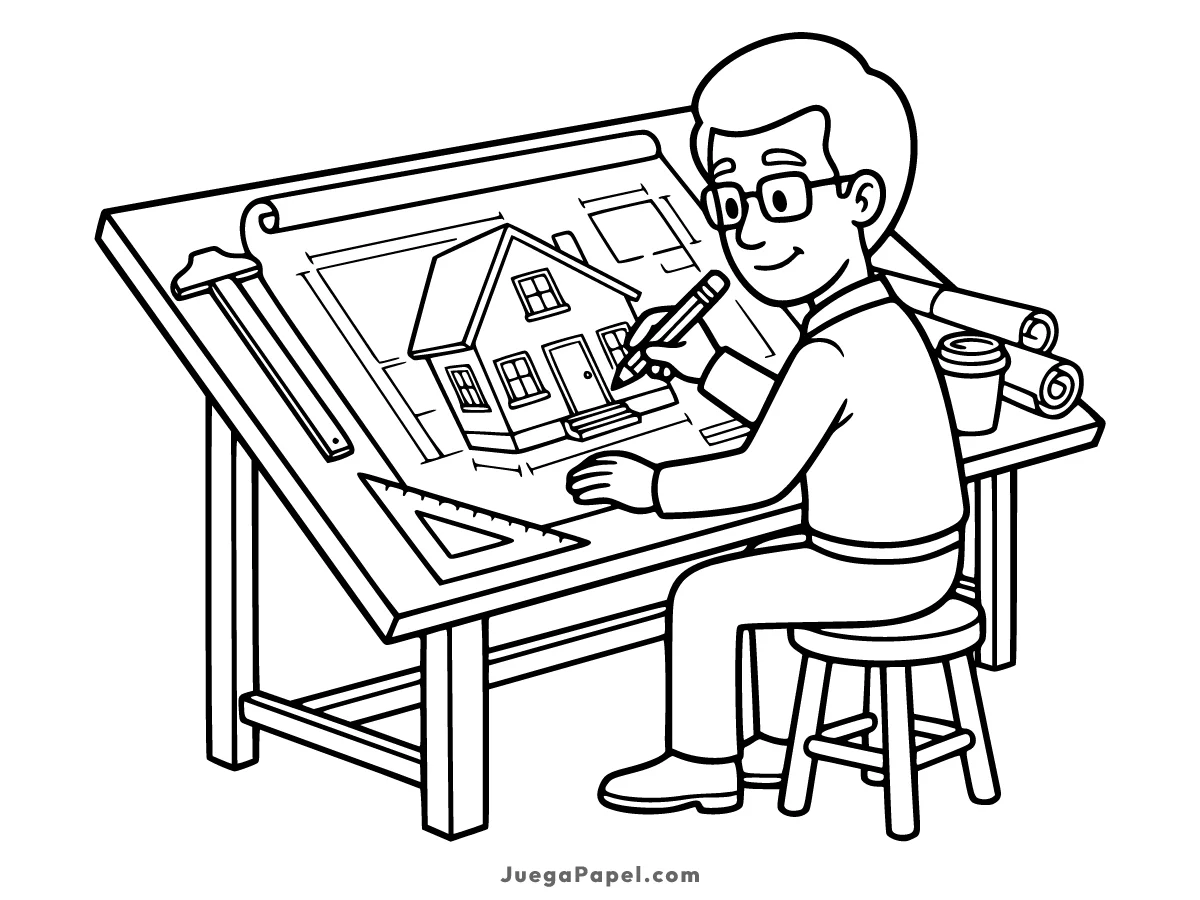 Dibujo para colorear e imprimir de Arquitecto Diseñando Casa