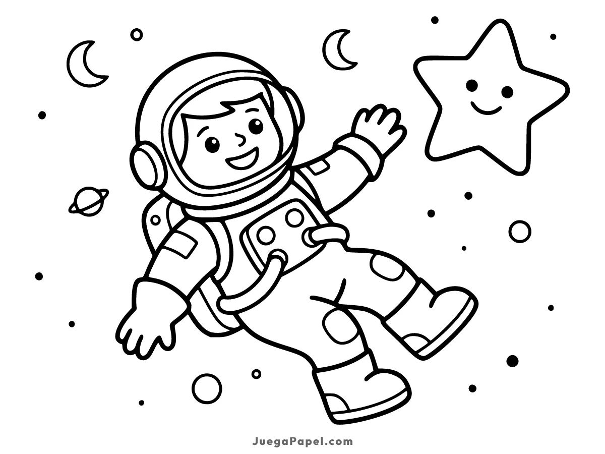 Dibujo para colorear e imprimir de Astronauta Feliz en el Espacio con Estrellas