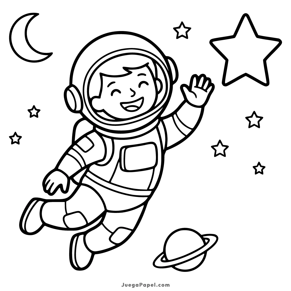 Dibujo para colorear e imprimir de Astronauta Feliz Saludando a las Estrellas