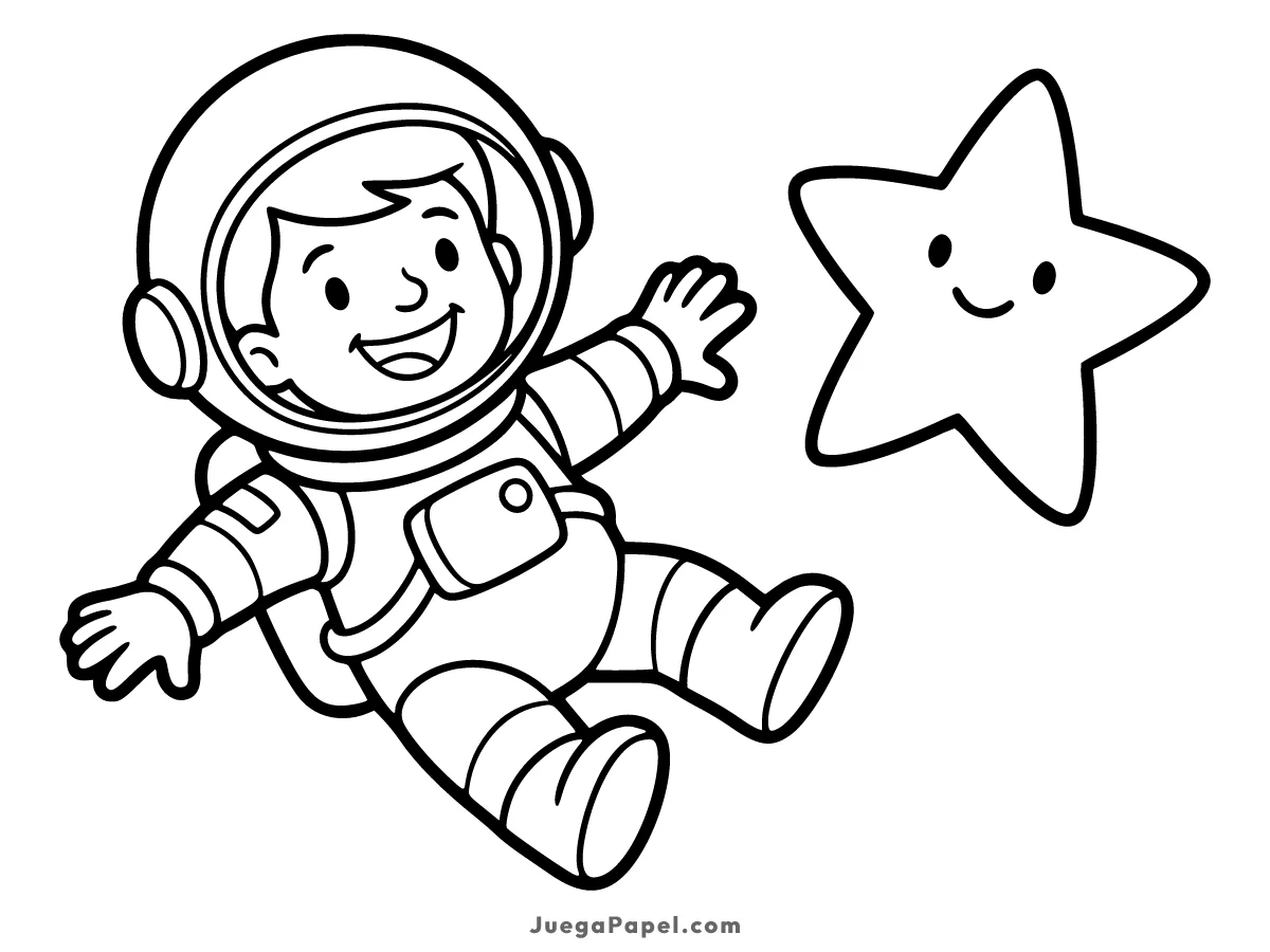 Dibujo para colorear e imprimir de Astronauta Feliz Saludando a una Estrella