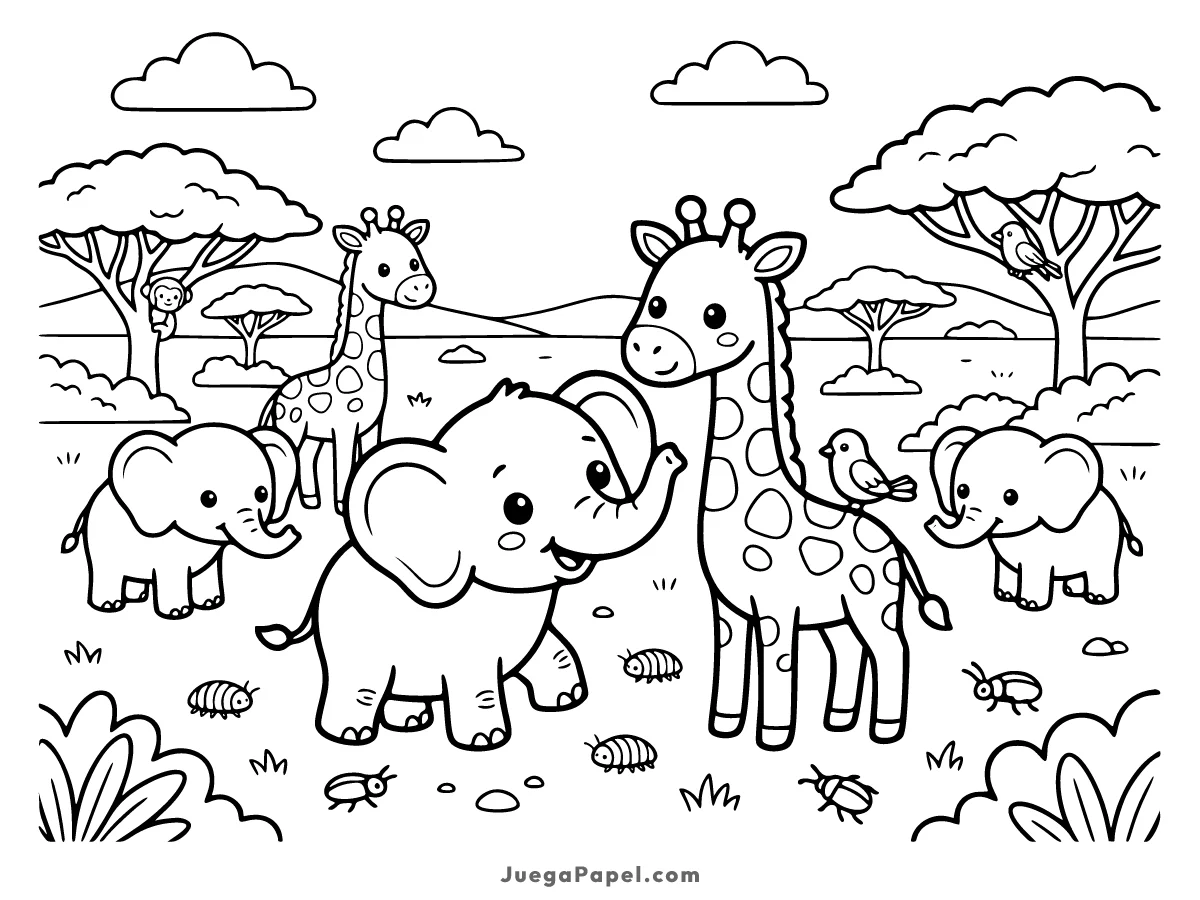 Dibujo para colorear e imprimir de Aventura Divertida con Animales en la Sabana