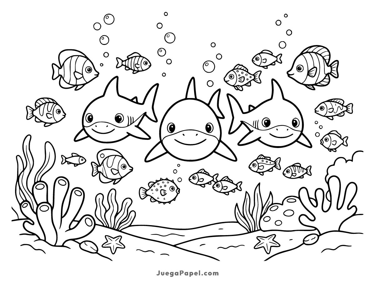 Dibujo para colorear e imprimir de Aventuras Divertidas bajo el Mar con Tiburones