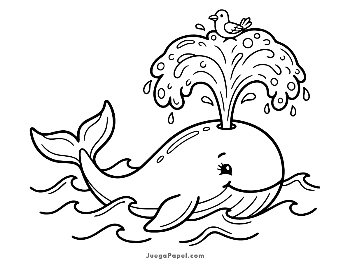 Dibujo para colorear e imprimir de Ballena Alegre Echando un Chorro de Agua y Pajarito