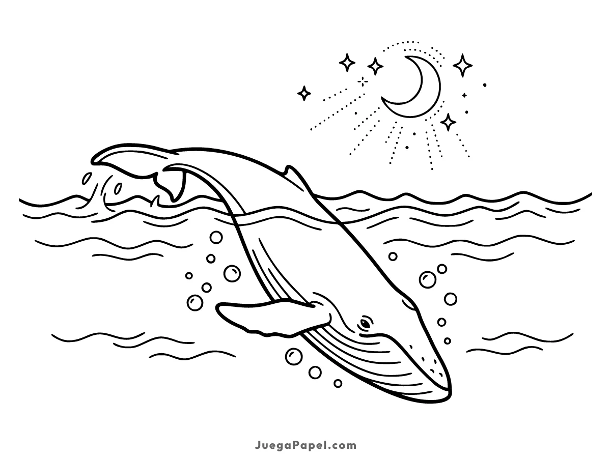 Dibujo para colorear e imprimir de Ballena Saltando Bajo la Luna