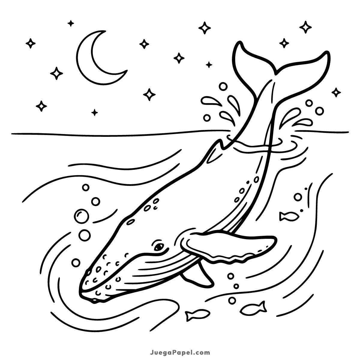 Dibujo para colorear e imprimir de Ballena saltando en el océano bajo las estrellas